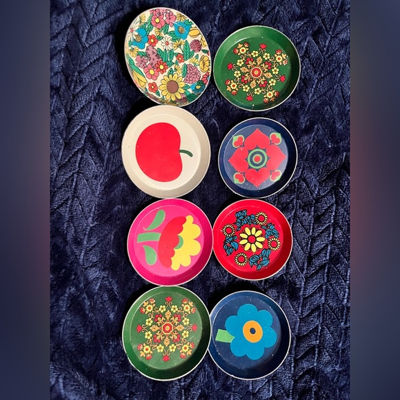 Vintage Action Industries Brazil Set of 8 Metal Flower Coasters Mid Century 3.5” - Picture 1 of 9